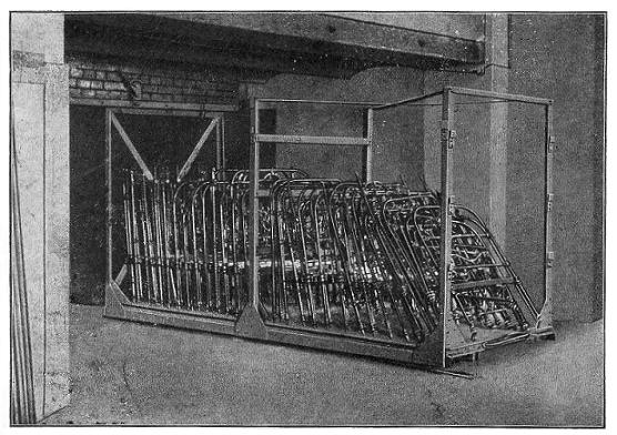 Fig. 11.—Japanning and Enamelling Stove for
Iron-Bedsteads and Household Ironmongery with Truck on Rails.