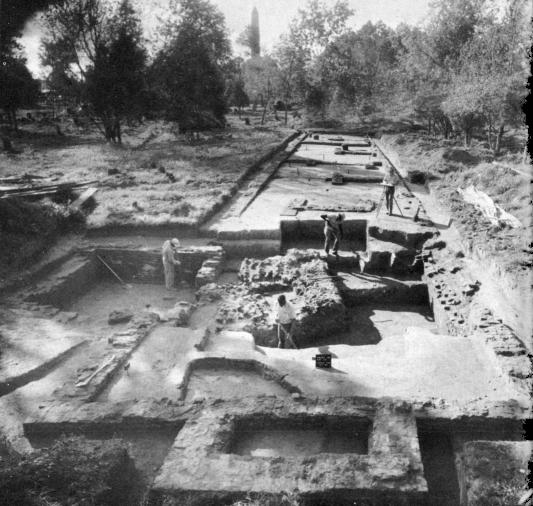 [Illustration: Excavated foundation of a late 17th-century prototype of the Baltimore and Philadelphia row houses. Six families could have lived here.]