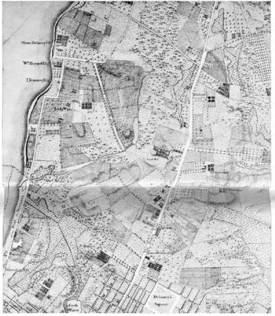 MAP OF OLD GREENWICH VILLAGE. A section of Bernard
Ratzer's map of New York and its suburbs, made in the Eighteenth
Century, when Greenwich was more than two miles from the city.