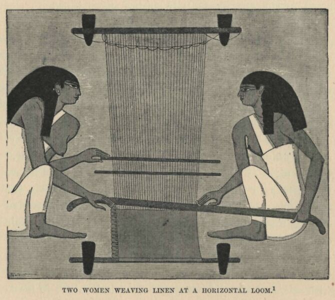 114.jpg Two Women Weaving Linen at a Horizantal Loom 