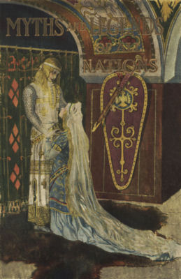 Cover of Myths & Legends of All Nations, showing Elsa kneeling before
Lohengrin.