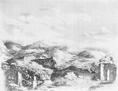 View in the Kasya Hills, showing stone memorials (reprinted from
"Asiatic Researches").