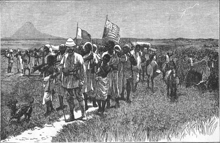 STANLEY AND HIS MEN MARCHING THROUGH UNYORO