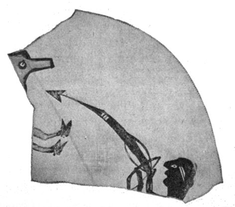 Fig. 263—War god shooting an animal. (Fragment
of food bowl.)