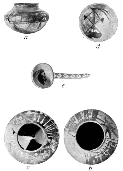 PL. CXLII—
VASES, BOWL, AND LADLE, WITH FIGURES OF FEATHERS, FROM SIKYATKI