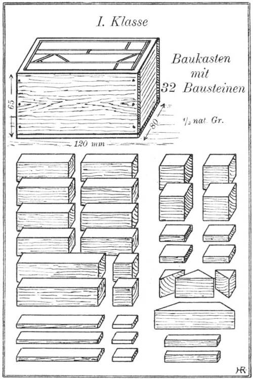 I. Klasse Baukasten mit 32 Bausteinen, ⅓ nat. Gr.