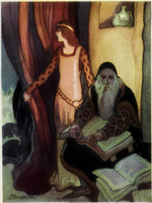 Prospero and Miranda in a room, reading books