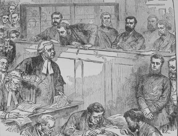 1 Austin——. 2 Geo. McDonald. 3 Officer. 4 Geo. Bidwell.
5 Officer. 6 Noyes. 7 Mr. Straight, Q.C. McDONALD SPEAKING TO MR.
STRAIGHT, Q.C., DURING THE TRIAL.