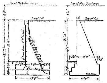 Fig. 99.—Comparison of Plain and Reinforced Sections for
Retaining Wall (F. F. Sinks).