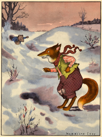 A fox in threadbare clothes looks at a mouse which is far away in a hole.