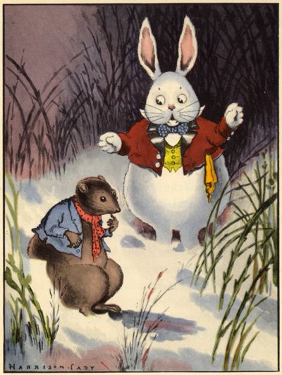 A white rabbit in a waistcoat comes across a mouse.