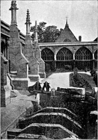 CLOISTER GARTH FROM THE NORTH-WEST CORNER, SHOWING THE OLD DRAIN.