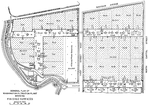 Figure
2—General Plan of Washington Filtration Plant Showing Finished
Surfaces.