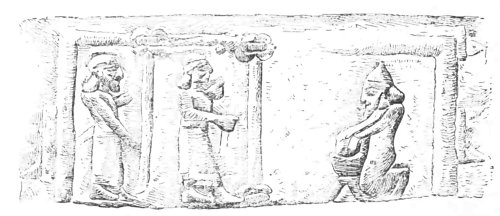 Fig. 73.—Interior of a house supported by wooden pillars;
from the gates of Balawat. British Museum.