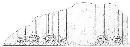 Fig. 86.—Façade of an Assyrian building; from a bas-relief
in the British Museum. Height 10 inches.