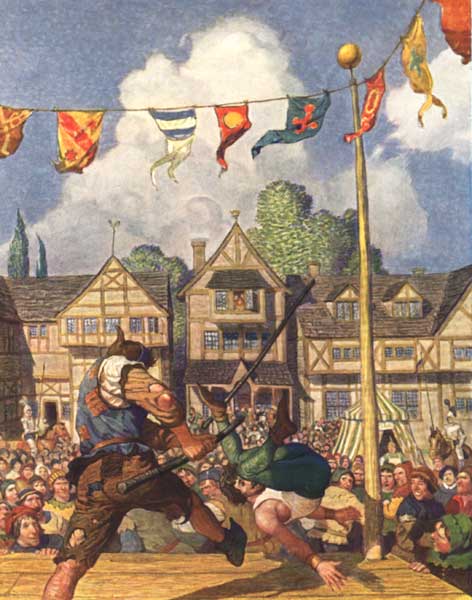 ROBIN HOOD DEFEATS NAT OF NOTTINGHAM AT QUARTER-STAFF

The beggar dealt his foe a back-thrust so neatly, so heartily, and so
swiftly that Nat was swept off the stage into the crowd as a fly off a
table.