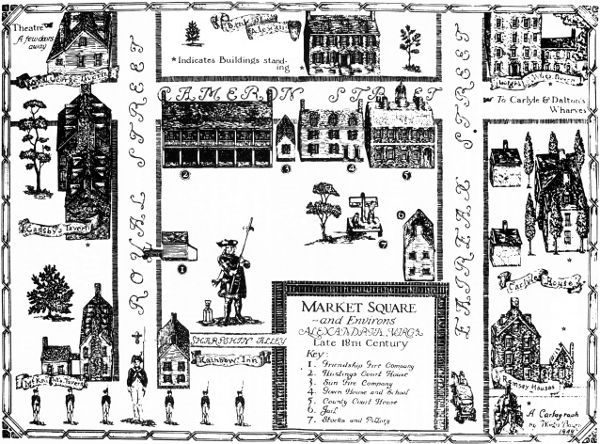 Cartograph of the Market Square and Fairfax County
Courthouse in Alexandria, as they might have appeared in the
eighteenth century. Drawn by Worth Bailey, 1949.