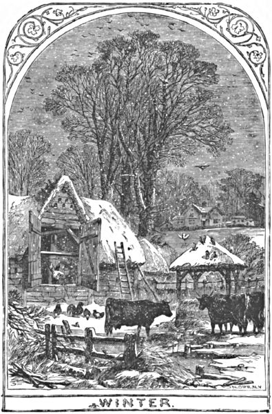 A snow-covered barn and farmyard