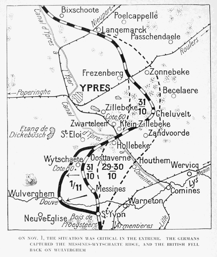 ON NOV. 1, THE SITUATION WAS CRITICAL IN THE EXTREME. THE GERMANS
CAPTURED THE MESSINES-WYTSCHAETE RIDGE, AND THE BRITISH FELL
BACK ON WULVERGHEM