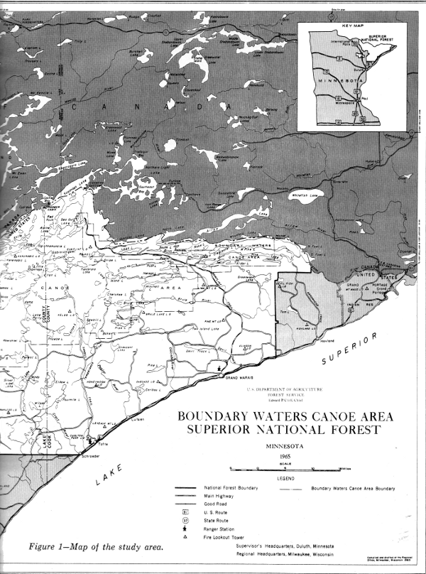 Figure 1 (right half)—Map of the study area.
BOUNDARY WATERS CANOE AREA SUPERIOR NATIONAL FOREST