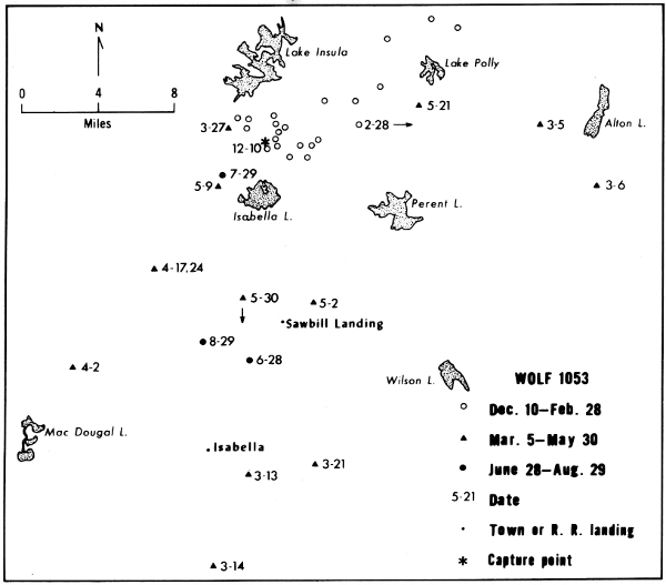 Figure 21.—Locations and
range of wolf 1053. Only selected
lakes are shown.