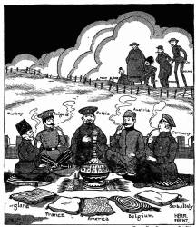 [German Cartoon]
Smoking the Peace Pipe
—From Der Brummer, Berlin.
The Entente: "What a pity we are excluded!"