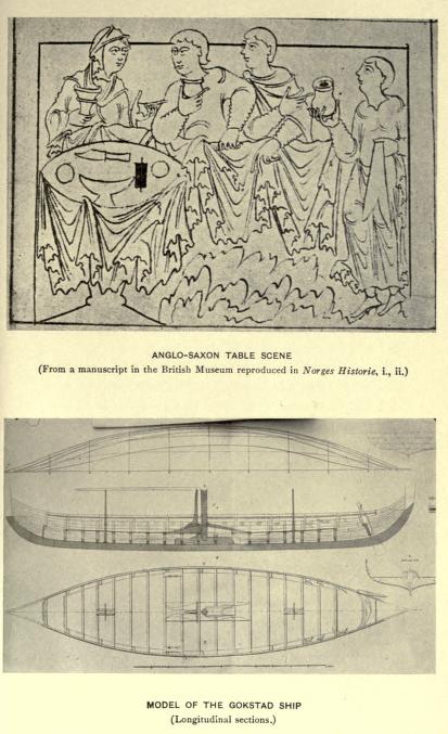 Anglo-Saxon Table Scene (From a manuscript in the British
Museum reproduced in Norges Historie, i., ii.)—Model of The Gokstad Ship