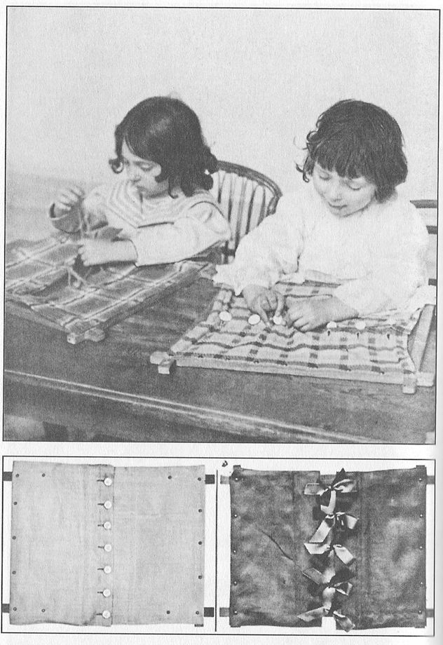 (A) CHILDREN THREE AND ONE-HALF AND FOUR YEARS OLD LEARNING
TO BUTTON AND LACE.  (B) RIBBON AND BUTTON FRAMES. These are
among the earliest exercises.