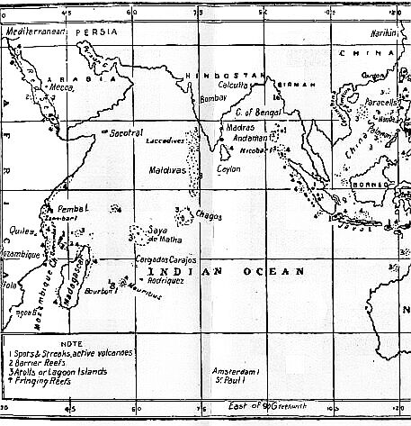 Map showing distribution of coral-reefs and active volcanoes.