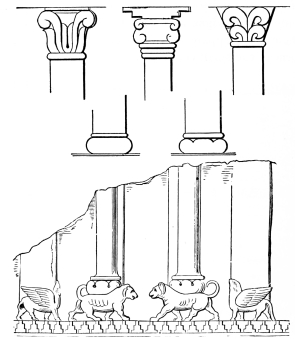 Fig. 50.—Various Forms of Capitals and Bases, from
Assyrian Reliefs.