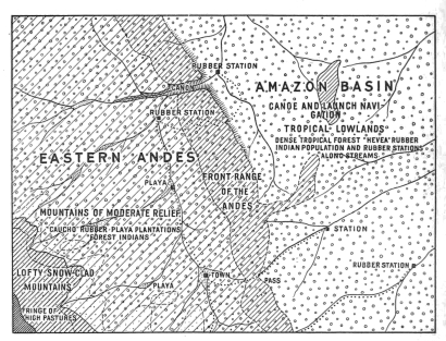 Fig. 17—Regional diagram of the Eastern Andes (here the
Cordillera Vilcapampa) and the adjacent tropical plains. For an
explanation of the method of construction and the symbolism of the
diagram see p. 51.