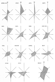 Fig. 104—Monthly wind roses for Santa Lucia, June, 1913,
to July, 1914, and composite rose for the whole period of observation.