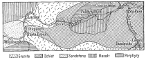 Fig. 158—Geologic sketch map of the lower Urubamba
Valley. A single traverse was made along the valley, hence the
boundaries are not accurate in detail. They were sketched in along a few
lateral traverses and also inferred from the topography. The country
rock is schist and the granite intruded in it is an arm of the main
granite mass that constitutes the axis of the Cordillera Vilcapampa. The
structure and to some degree the extent of the sandstone on the left are
represented in Figs. 141 and 142.