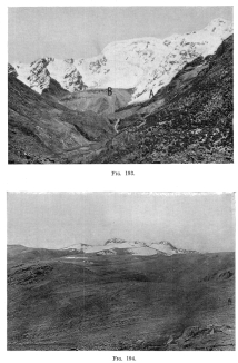 Fig. 193—Panta Mountain and its glacier system. The
talus-covered mass in the center (B) is a terminal moraine topped by the
dirt-stained glacier that descends from the crest. The separate glaciers
were formerly united to form a huge ice tongue that truncated the
lateral spurs and flattened the valley floor. One of its former stages
is shown by the terminal moraine in the middle distance, breached by a
stream, and impounding a lake not visible from this point of view.