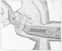 PLAN III.—THE TOWER AND THE SCÆAN GATE.

a a. The Great Tower of Ilium. b. Depression to shelter archers.
c. Steps. d. The Double Scæan Gate. e. Steep paved road leading to
the Plain. f. The City Wall. g. Place where the Treasure was found.
h h. The Palace of Priam.