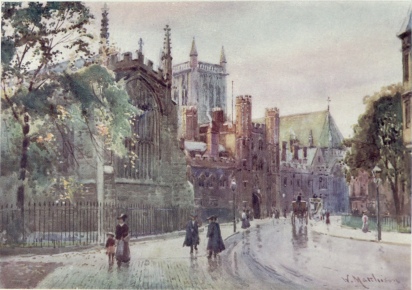 ST. JOHN’S COLLEGE GATEWAY AND TOWER FROM TRINITY STREET

Trinity Chapel is seen on the left behind the trees.