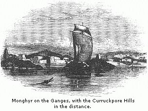 Monghyr on the Ganges, with the Curruckpore Hills in the distance.